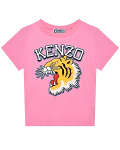 Футболка с принтом "тигр" и лого, розовая KENZO