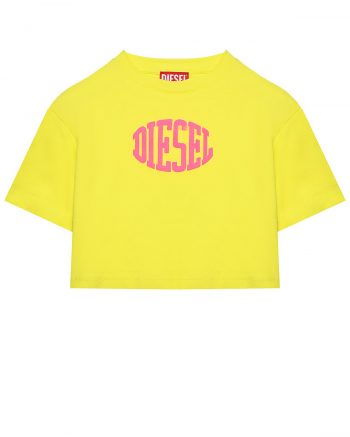 Укороченная футболка с розовым лого, желтая Diesel